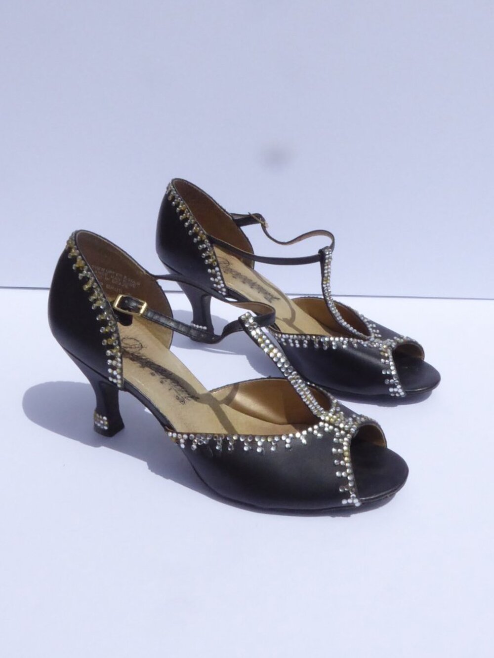 Dancesport Capezio black leather rhinestone t strap dance shoes heels size 8